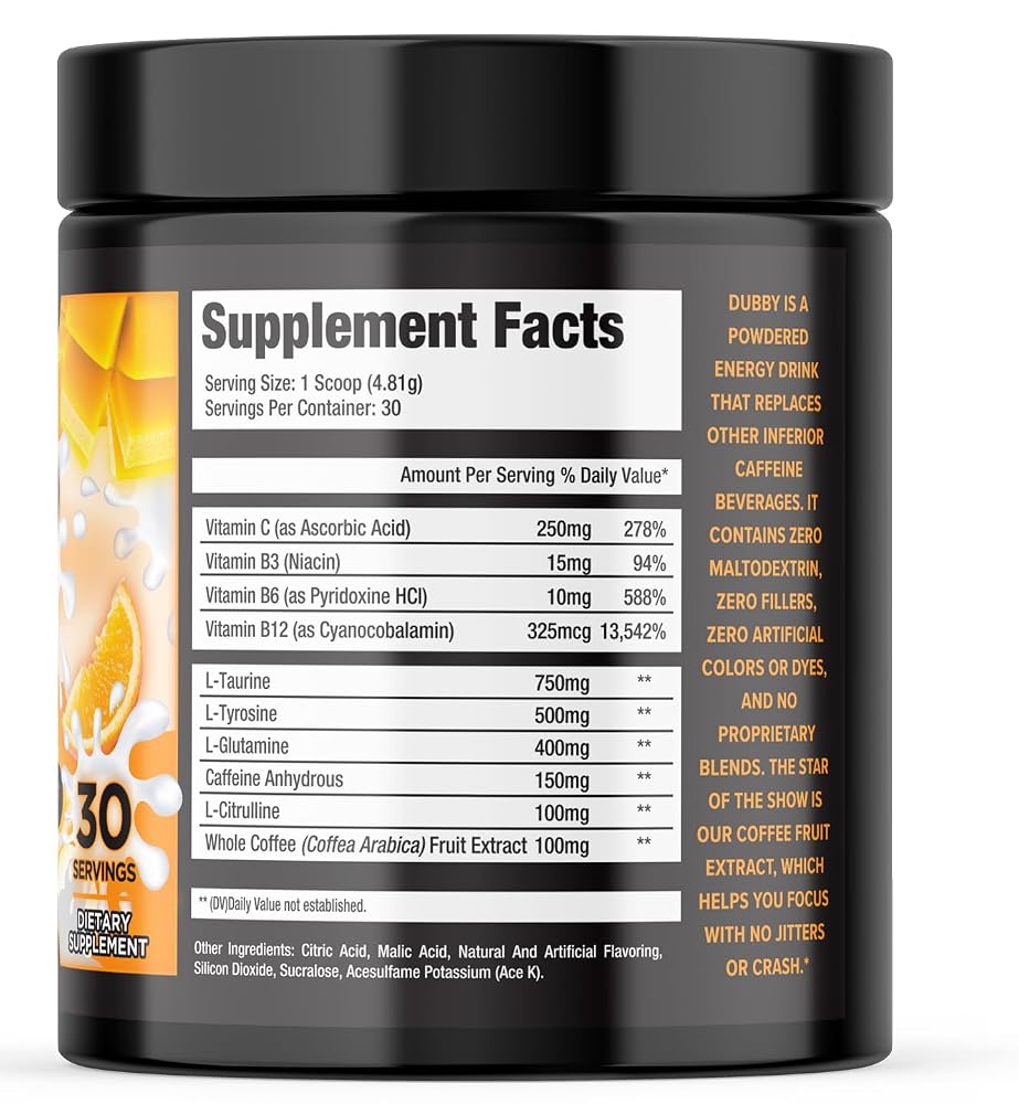 Dubby Sugar Free Energy Drink Powder Mango Orange Cream - 30 Servings - image 2