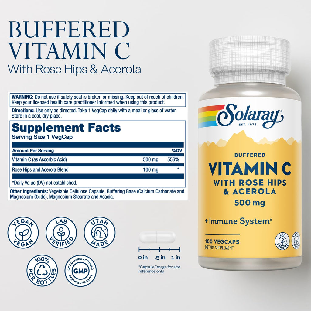 SOLARAY Buffered Vitamin C 500mg with Rose Hips - 100 Capsules - image 2