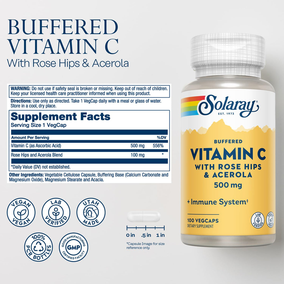SOLARAY Buffered Vitamin C 500mg with Rose Hips - 100 Capsules - image 2