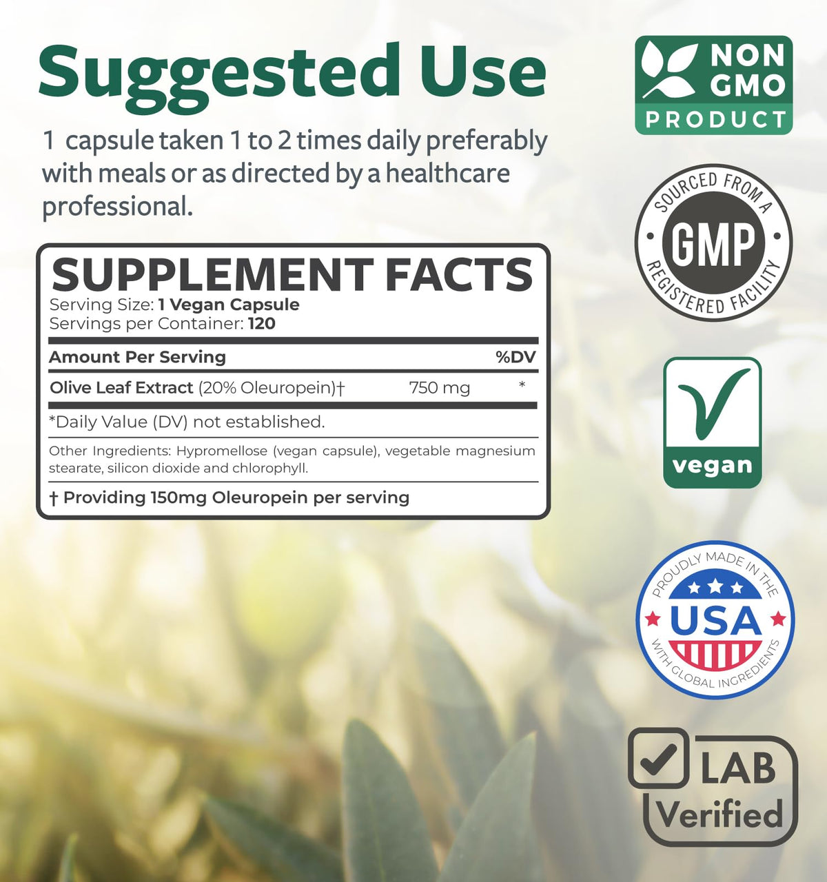 Healths Harmony Olive Leaf Extract 750mg - 120 Capsules - image 4