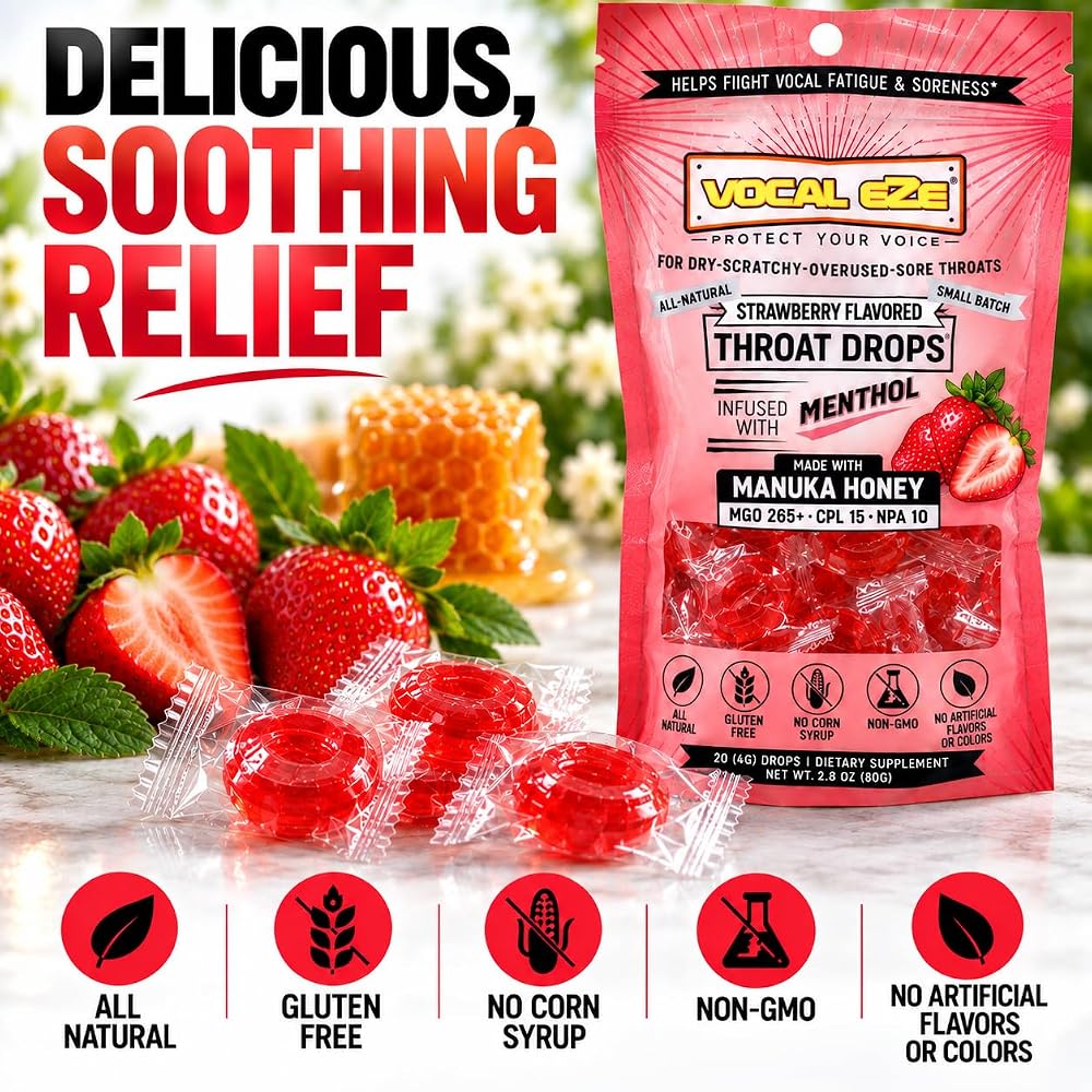 Vocal Eze Manuka Honey Strawberry Menthol Cough Drops - 20 Lozenges - image 5