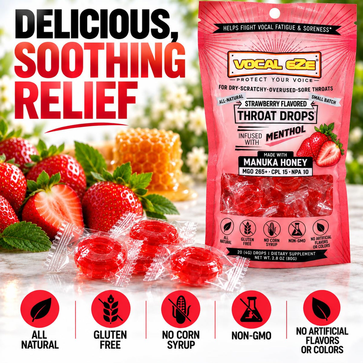 Vocal Eze Manuka Honey Strawberry Menthol Cough Drops - 20 Lozenges - image 5