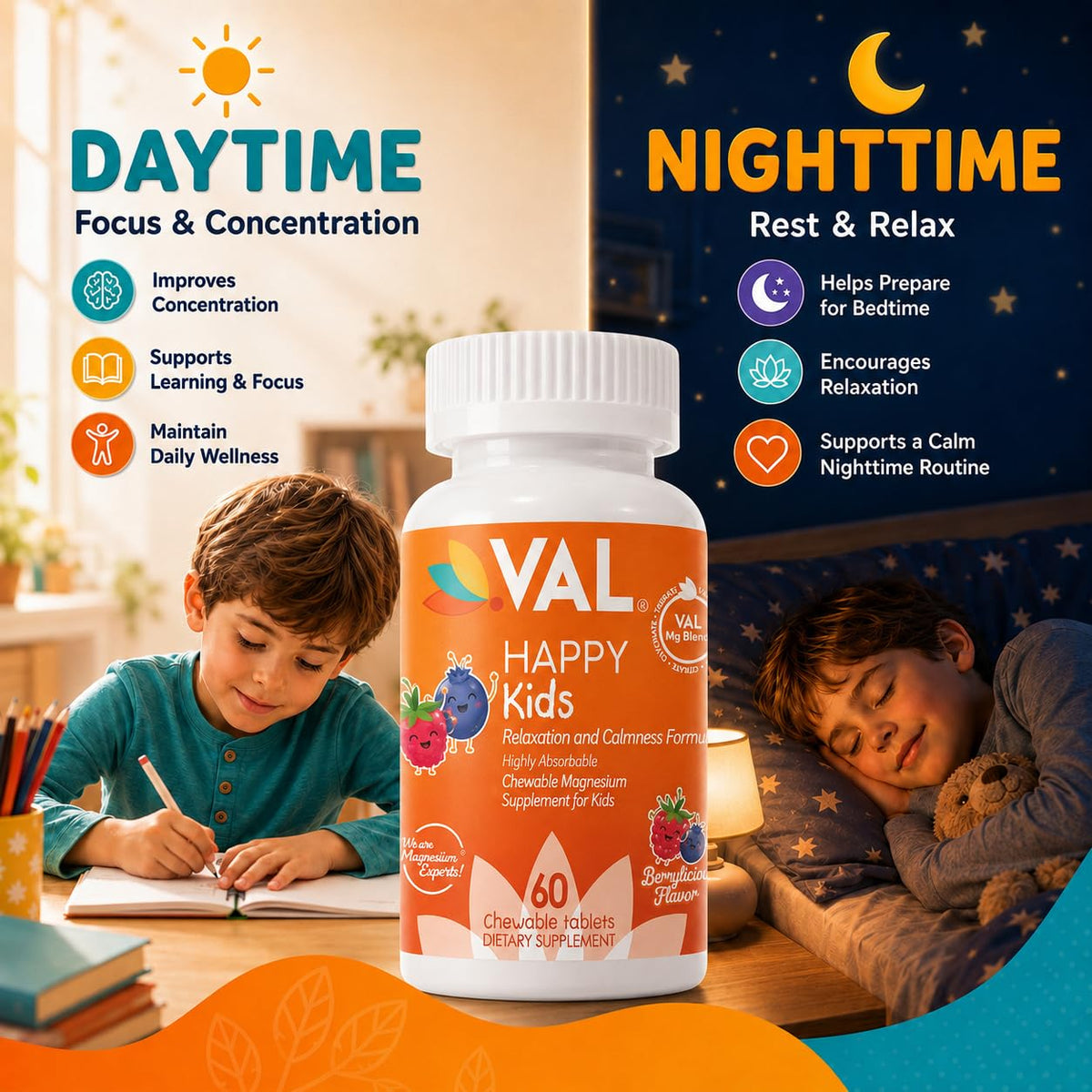 VAL Chewable Magnesium for Kids Relaxation and Calm Formula High