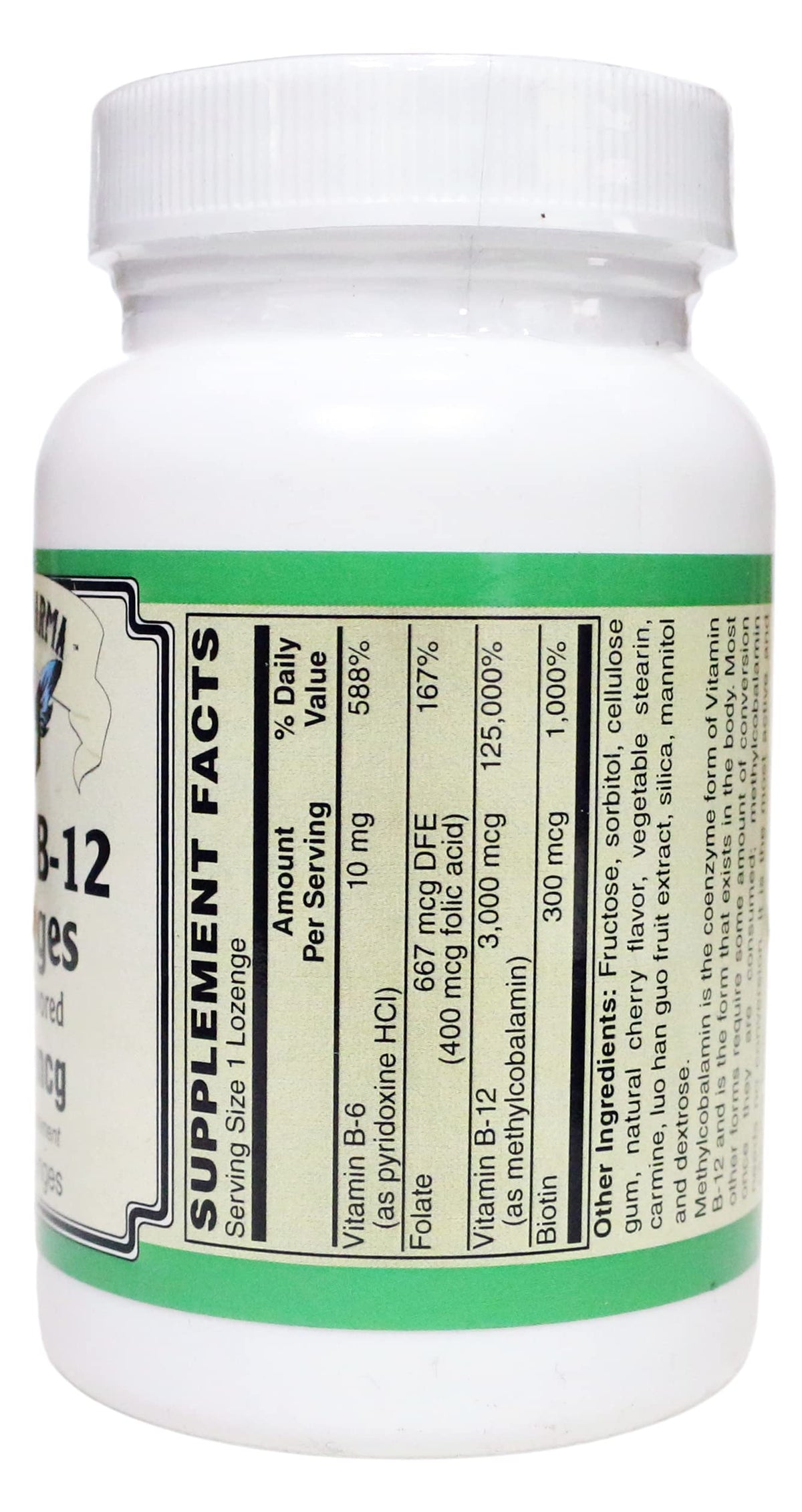 AlchePharma Methyl B-12, 3,000mcg w/Folic Acid Biotin and B-6 Lozenges