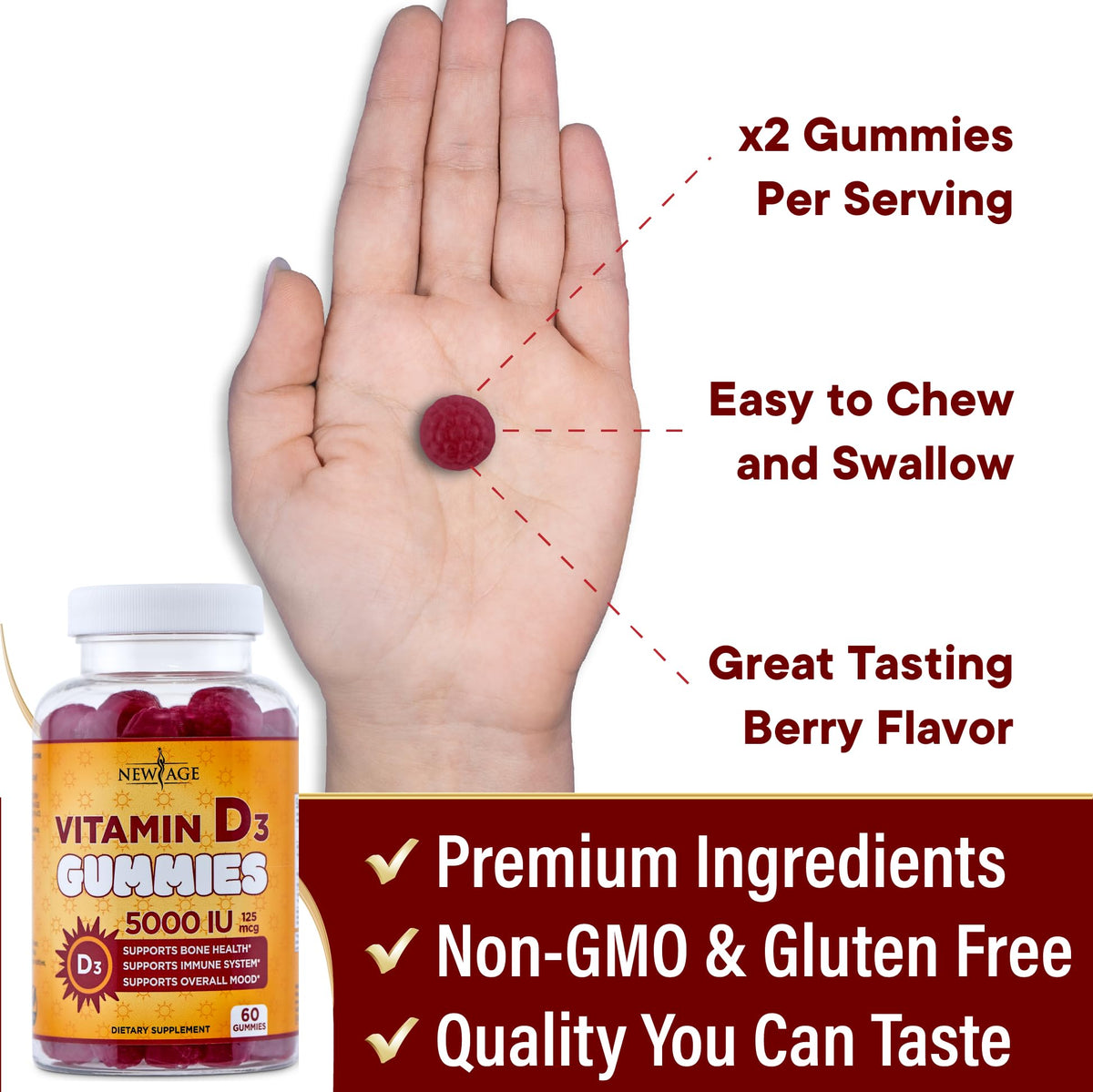 NEW AGE Vitamin D3 5000 IU Gummies Immune Support - 120 Gummies - image 5