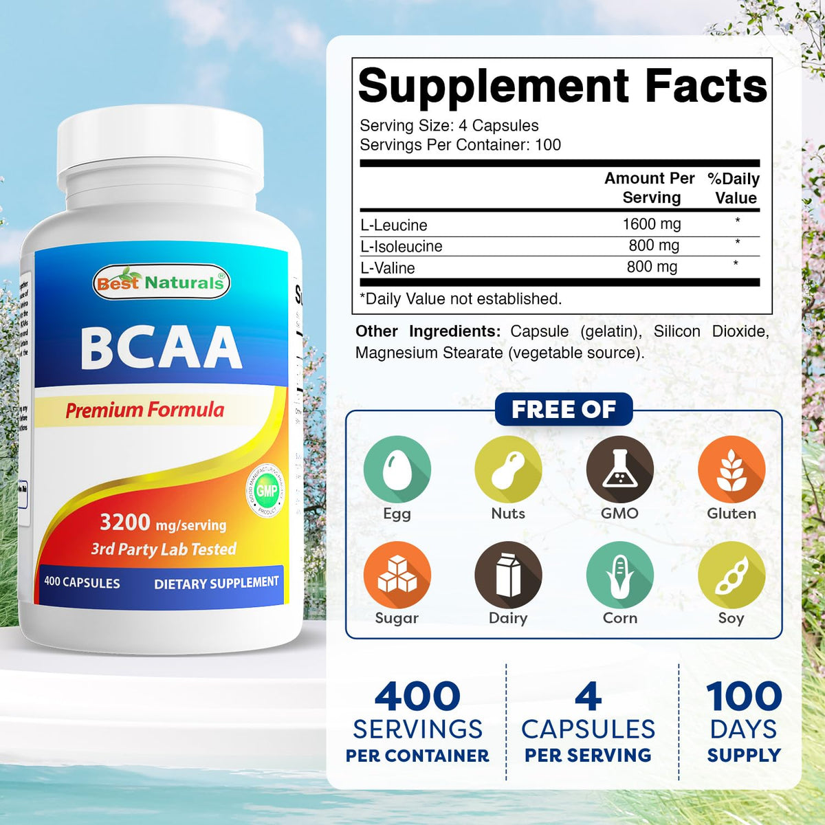 Best Naturals BCAA Branch Chain Amino Acid 3200mg - 400 Capsules - image 2