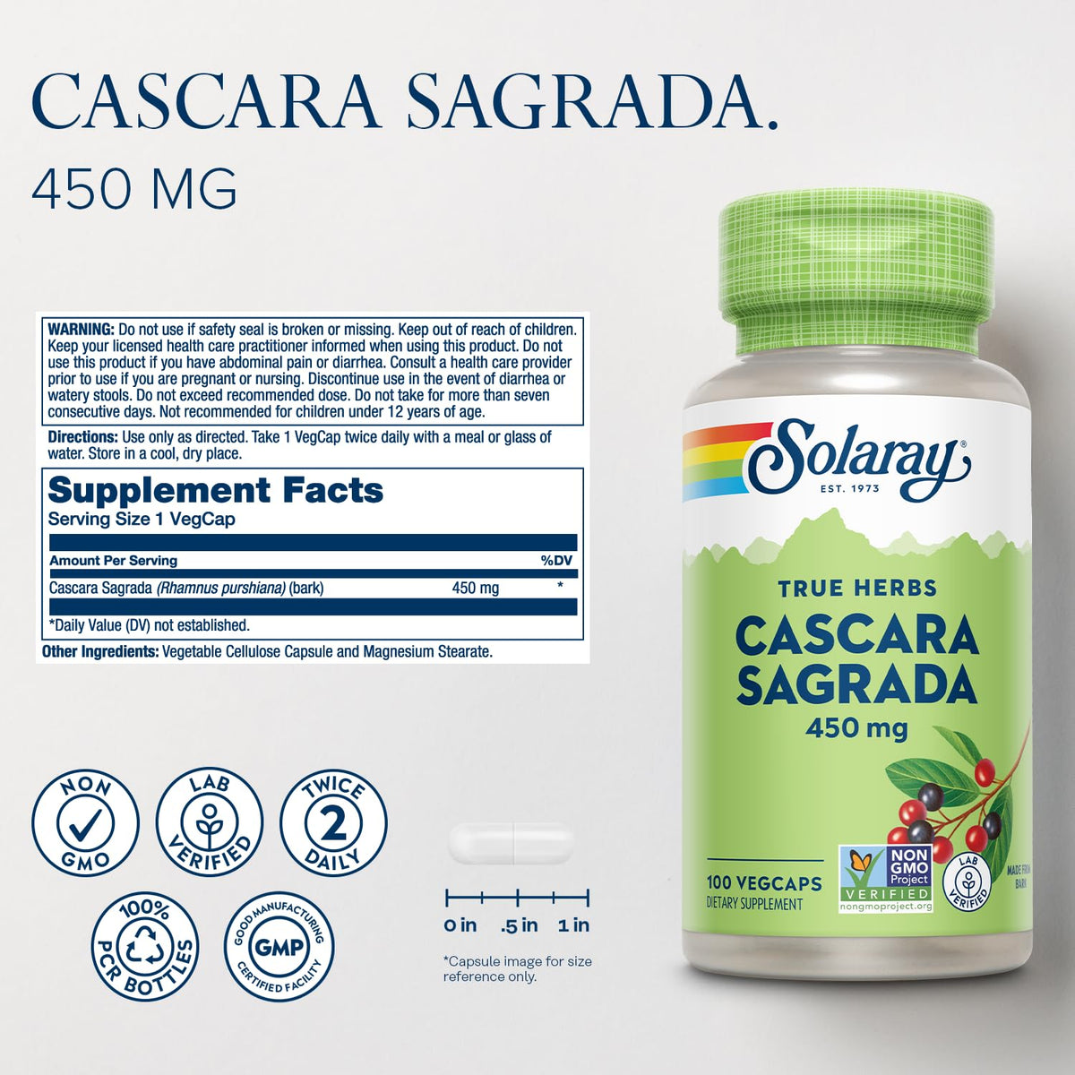 SOLARAY Cascara Sagrada 450 mg Bowel Regularity - 100 Vegetarian Capsules - image 2