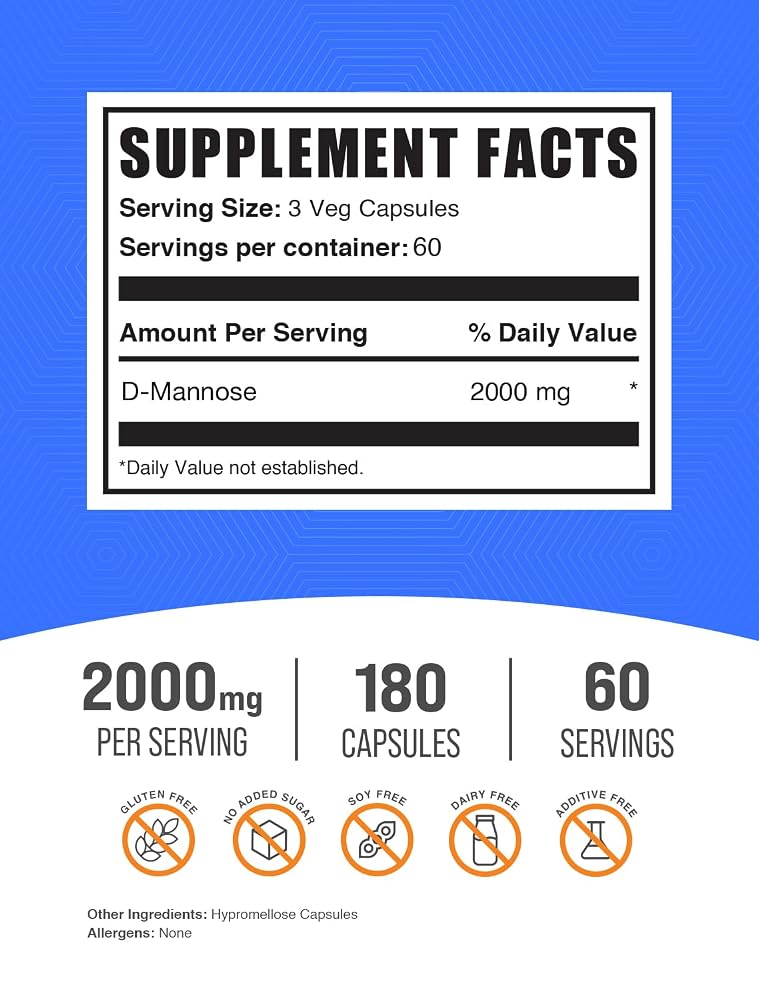 BulkSupplements D-Mannose Capsules for Urinary Tract Support - 180 Count - image 2