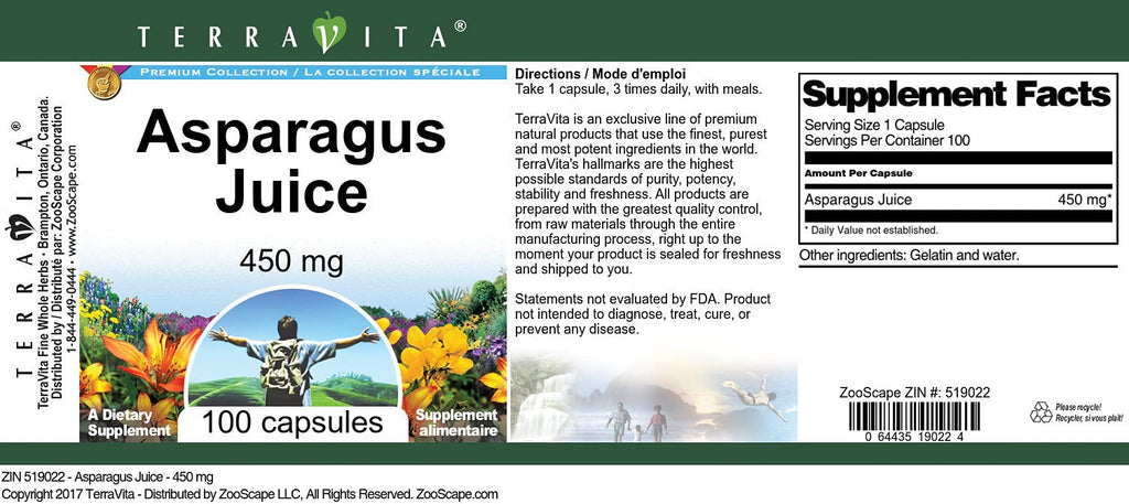 Terravita Asparagus Juice - 450 mg (100 Capsules, ZIN: 519022)