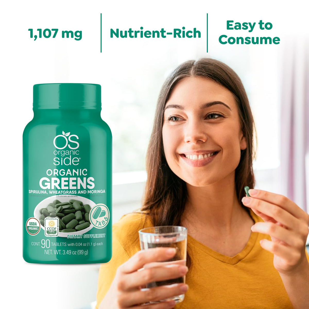 OS Organic Side Organic Greens Spirulina Wheatgrass Moringa - 90 Tablets - image 4