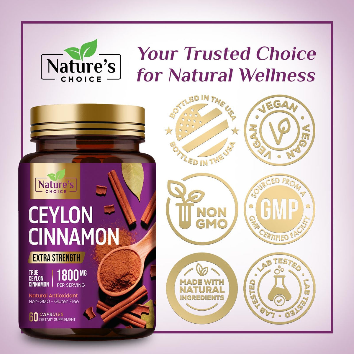 Nature's Choice Ceylon Cinnamon Capsules - Certified Organic Ceylon