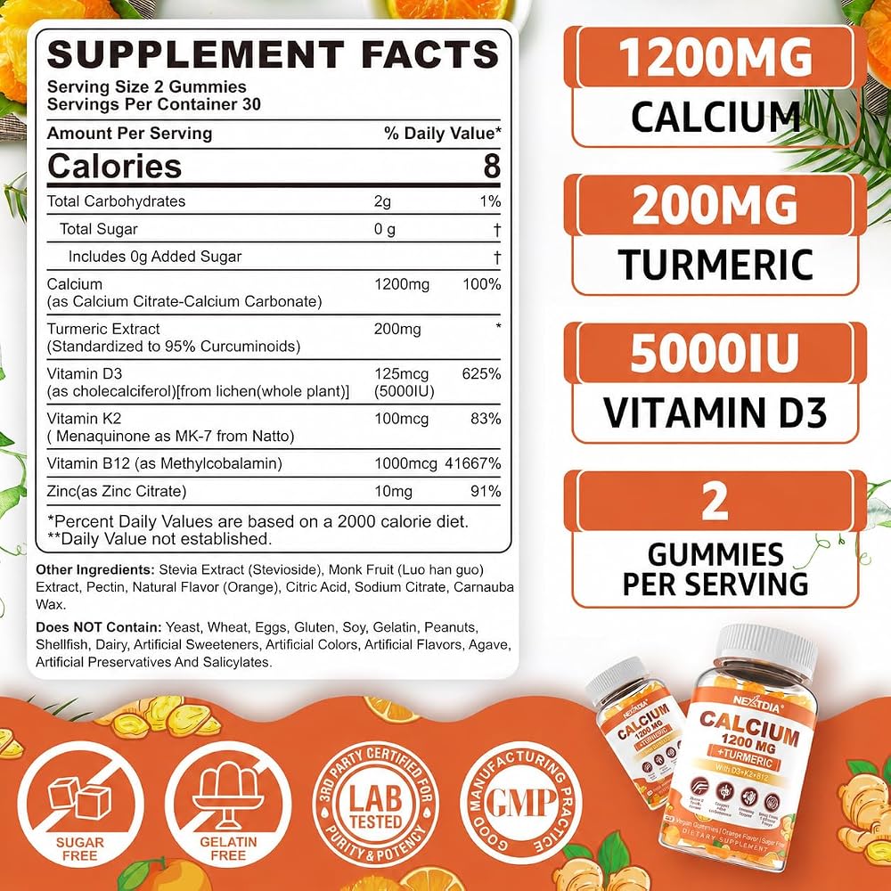 Nextdia Calcium Gummies with Turmeric for Women & Men - Calcium