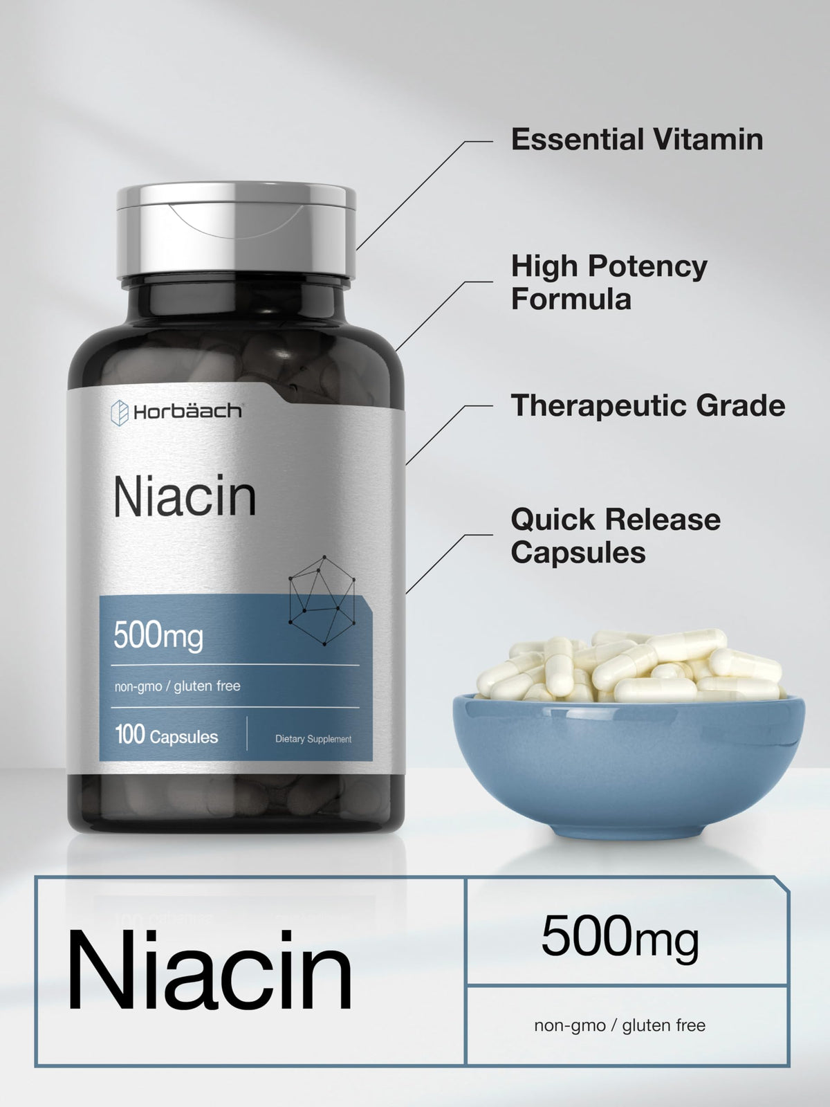 Horbäach Niacin Vitamin B3 500mg - 100 Capsules - image 4