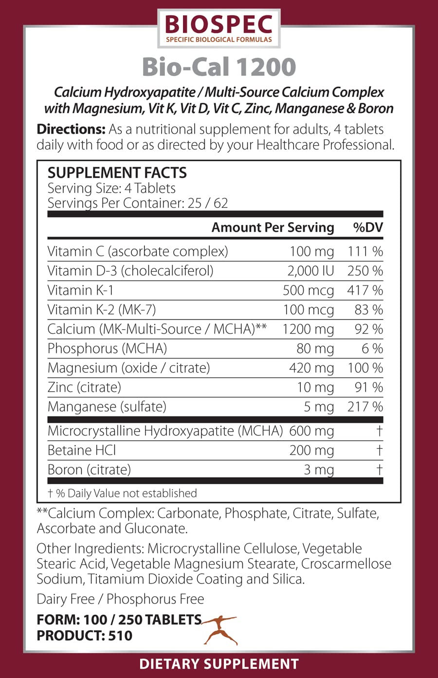 BioSpec Nutritionals Bio-Cal 1200 Bone Support - 250 Tablets - image 2