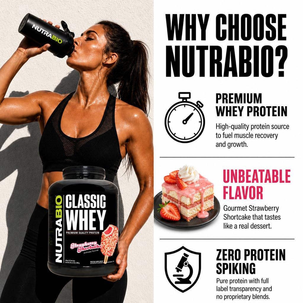 NutraBio Classic Whey Protein Powder Supplement - 25g of Protein Per
