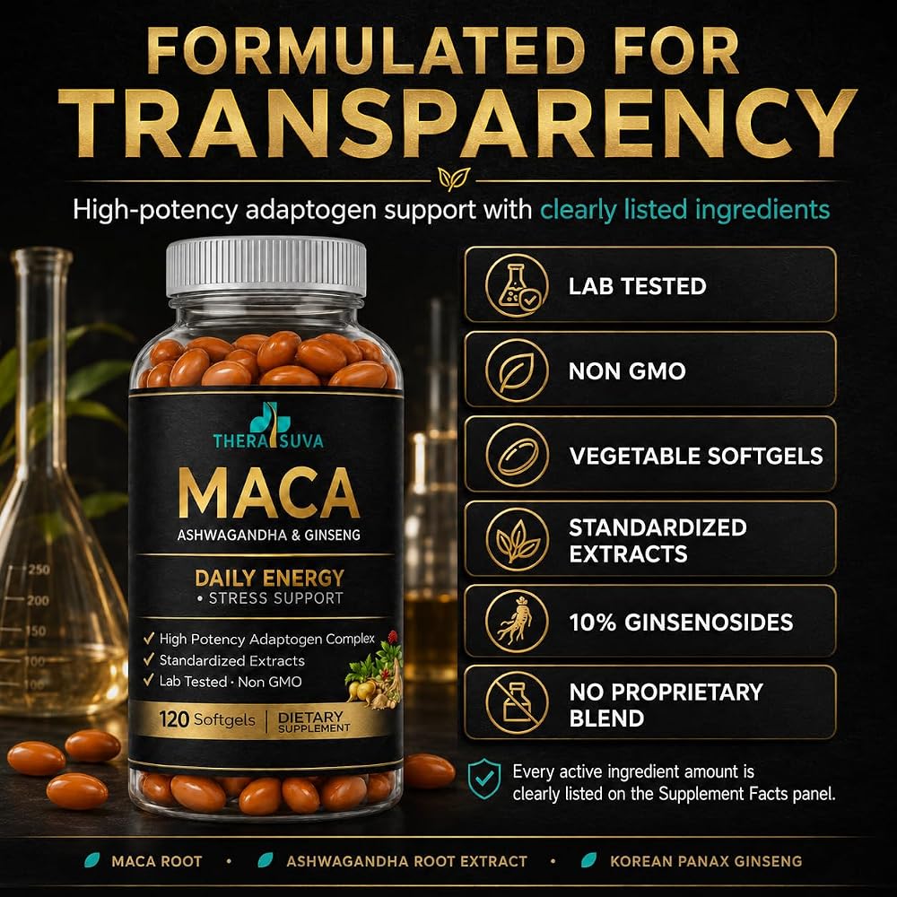 TheraSuva Ashwagandha Maca Root Panax Ginseng Supplement - 120 Softgels - image 2