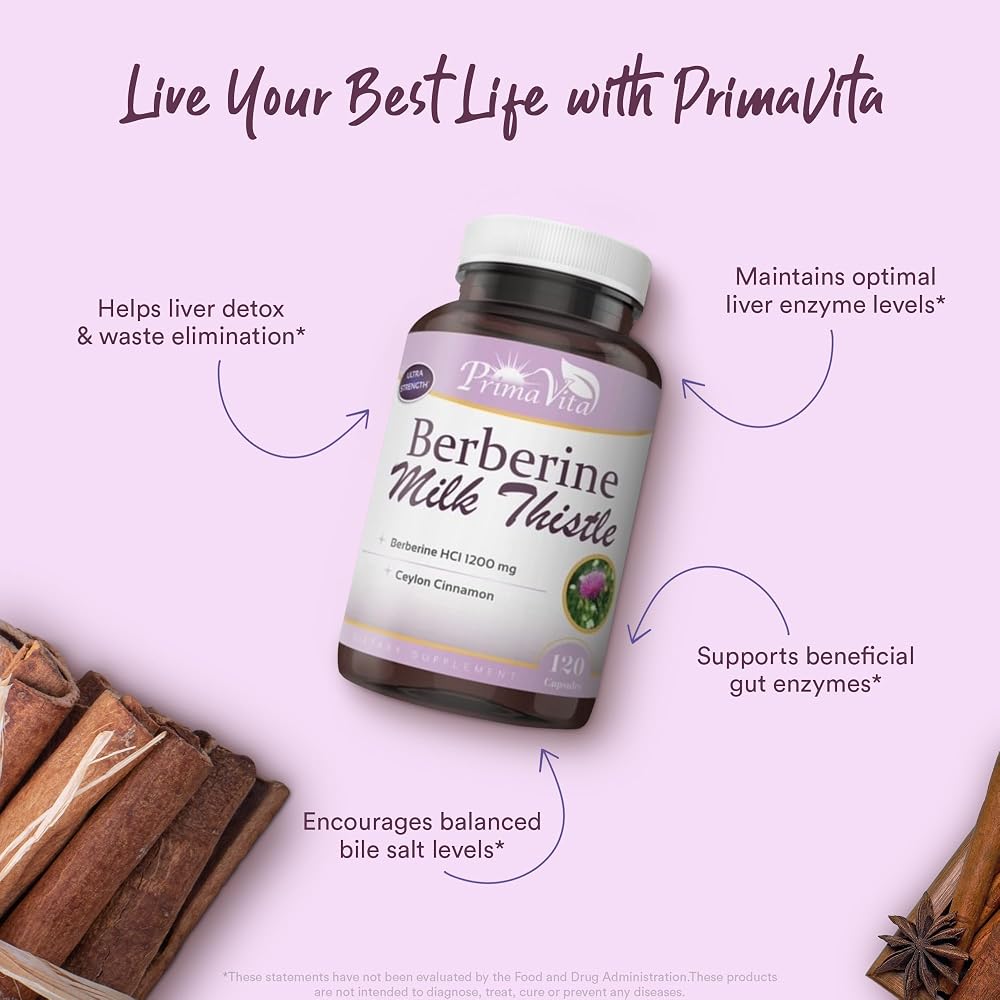 PrimaVita Berberine HCL 1200mg with Milk Thistle - 120 Capsules - image 5