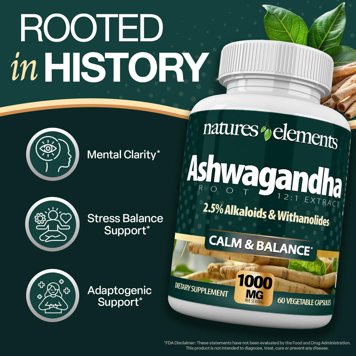 Natures Elements Ashwagandha Root 12:1 Extract 1000mg - 180 Vegetarian Capsules - image 4