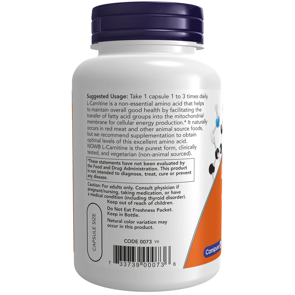 NOW Foods L-Carnitine 500 mg - 180 Capsules - image 3