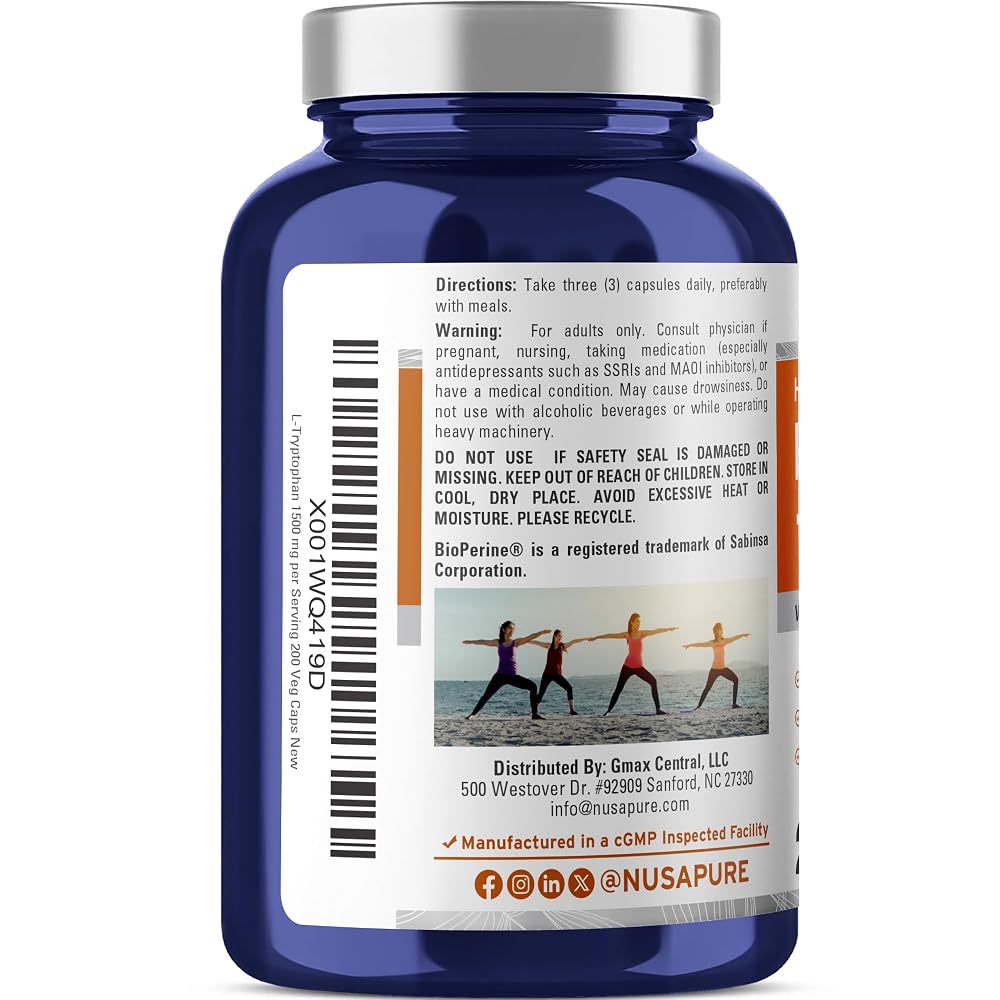 NusaPure L-Tryptophan 1500mg Vegan - 200 Vegetarian Capsules - image 3