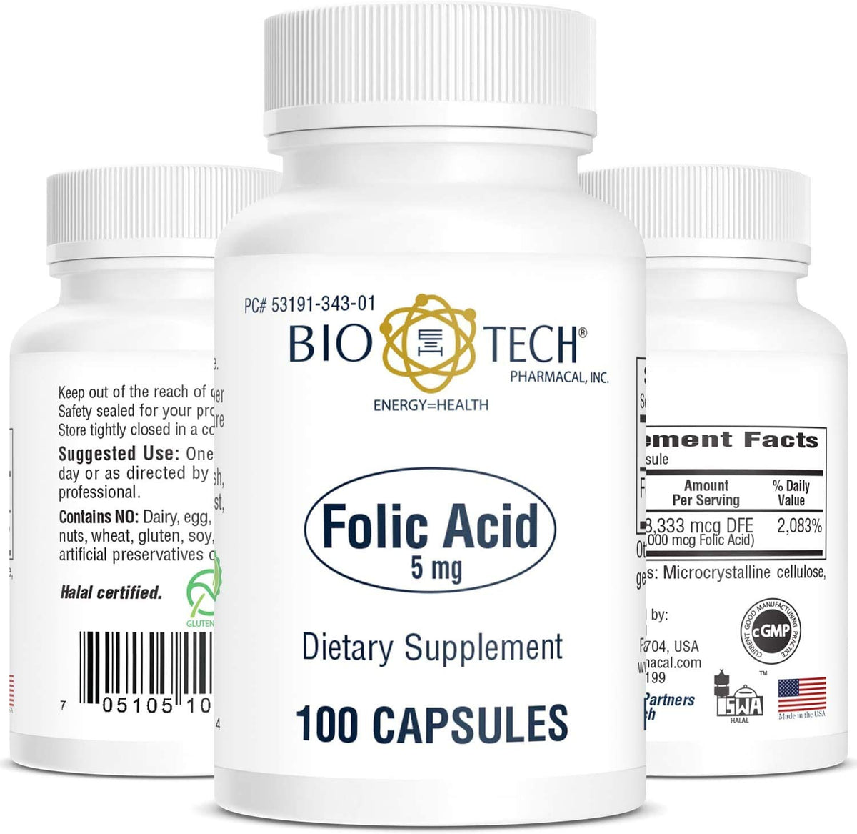 Bio-Tech Pharmacal Folic Acid 5mg - 200 Capsules - image 2