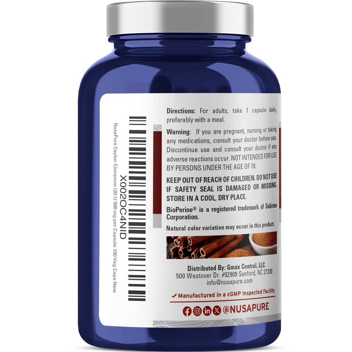 NusaPure Ceylon Cinnamon 500mg - 150 Vegetarian Capsules - image 3
