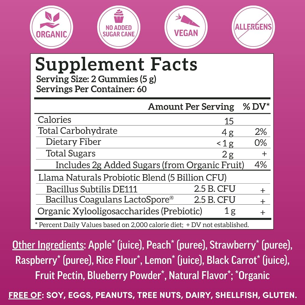 Llama Naturals Real Fruit Prebiotic & Probiotic Gummies for Adults