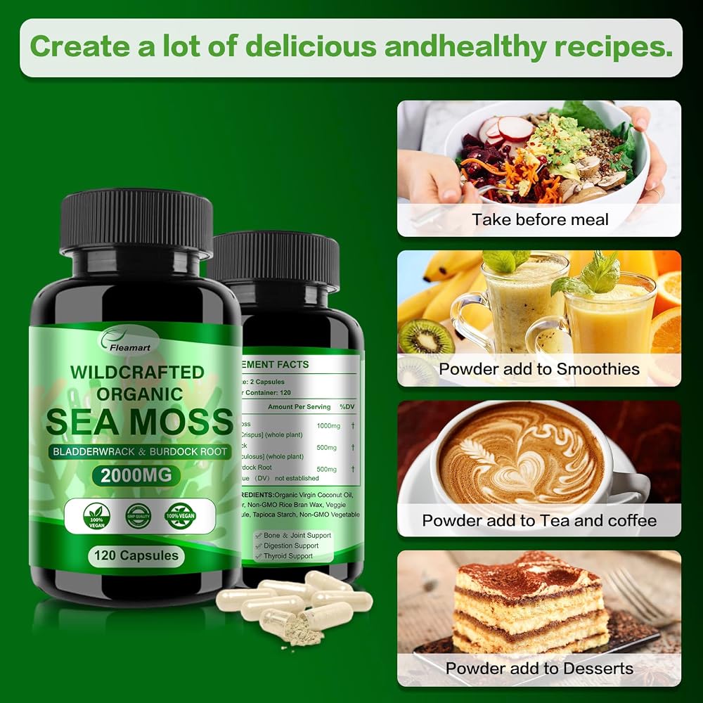 Fleamart Sea Moss Capsules Wildcrafted Bladderwrack Burdock Root