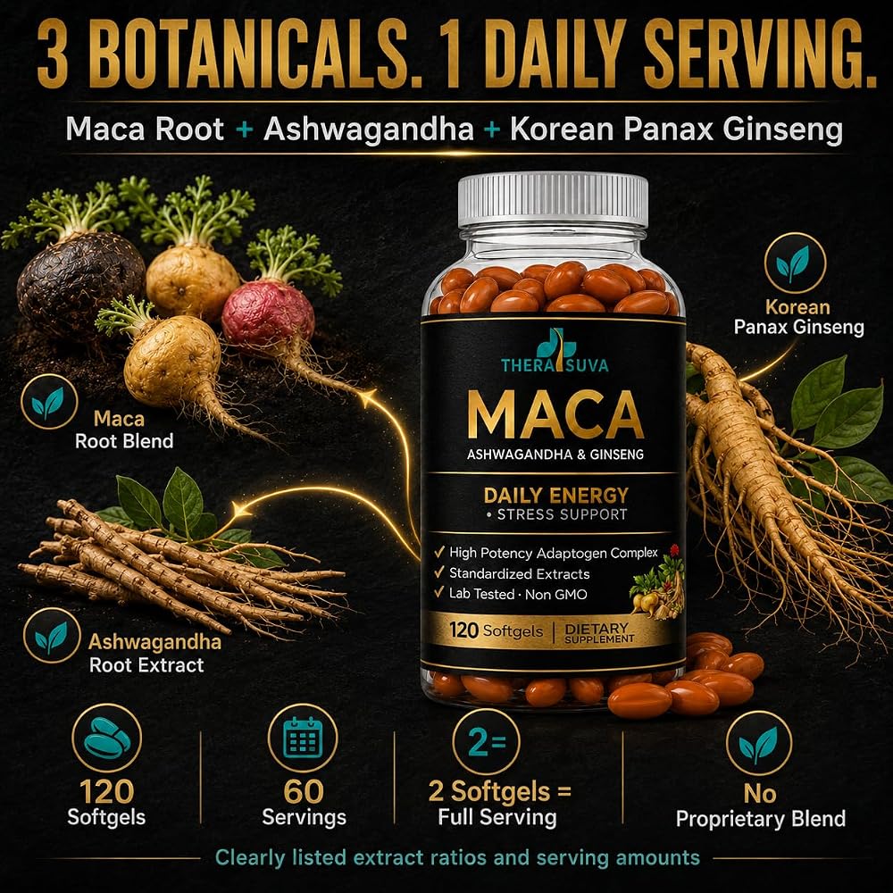 TheraSuva Ashwagandha Maca Root Panax Ginseng Supplement - 120 Softgels - image 3