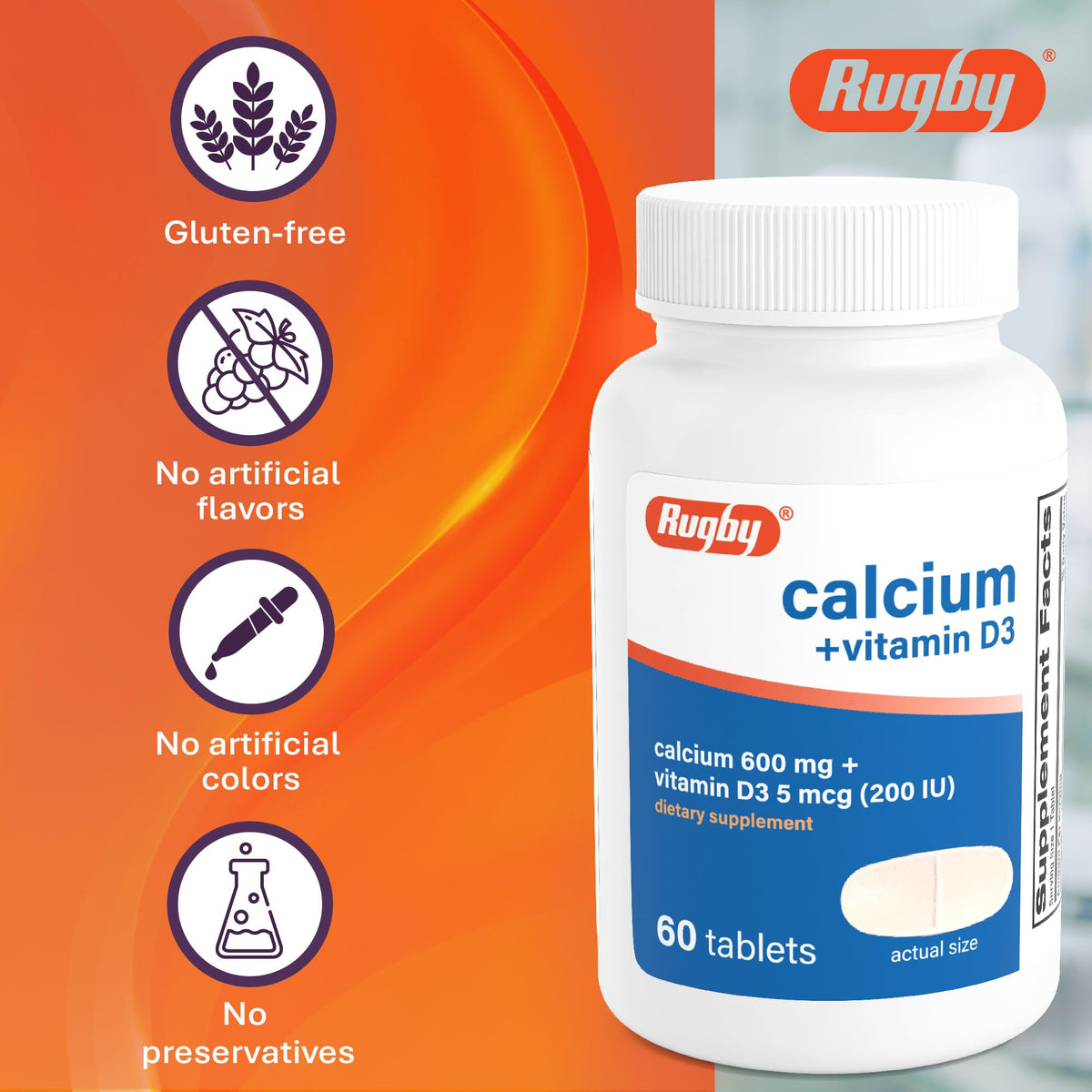 Rugby Calcium 600 mg + Vitamin D3 200 IU Tablets - 60 Count - image 6