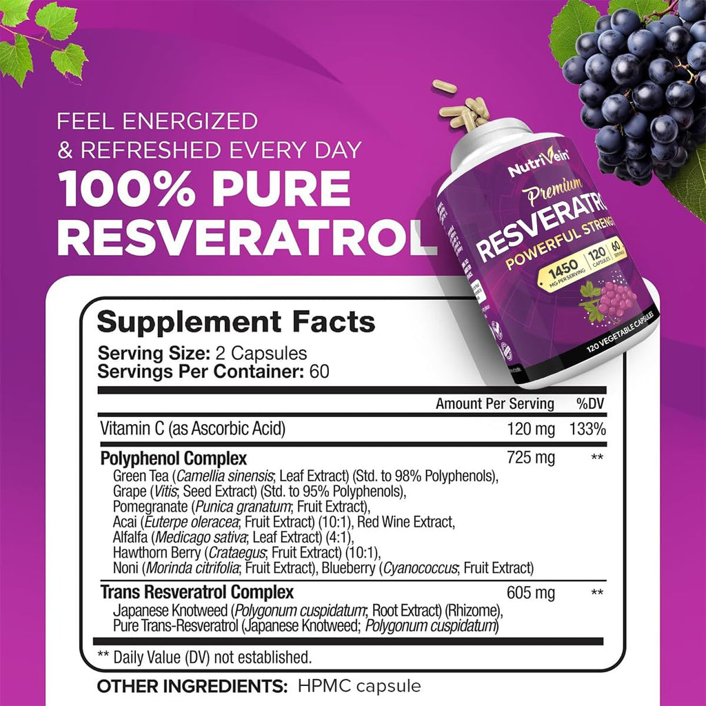 Nutrivein Premium Pure Resveratrol Supplement 1450mg - 120 Capsules - image 2