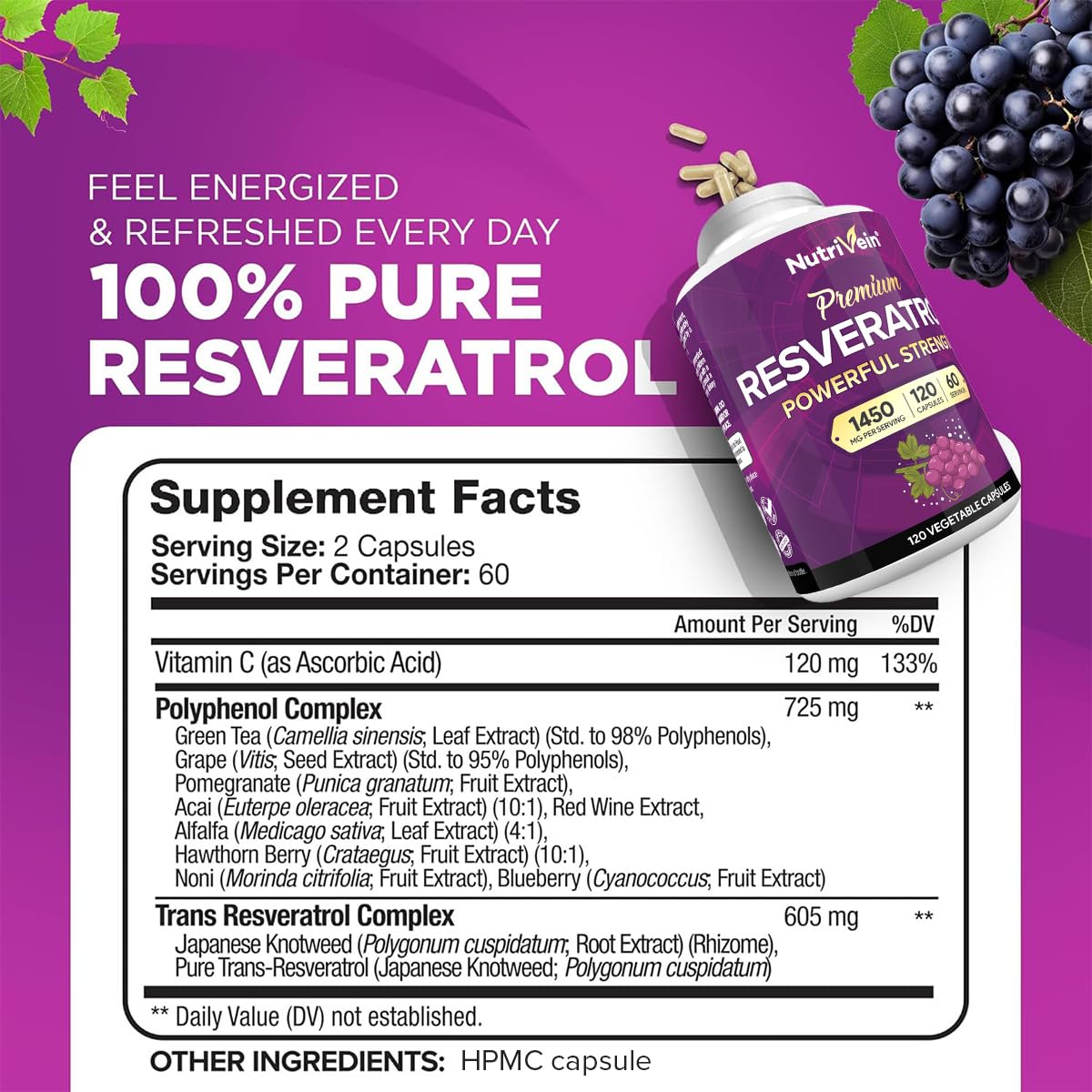 Nutrivein Premium Pure Resveratrol Supplement 1450mg - 120 Capsules - image 2