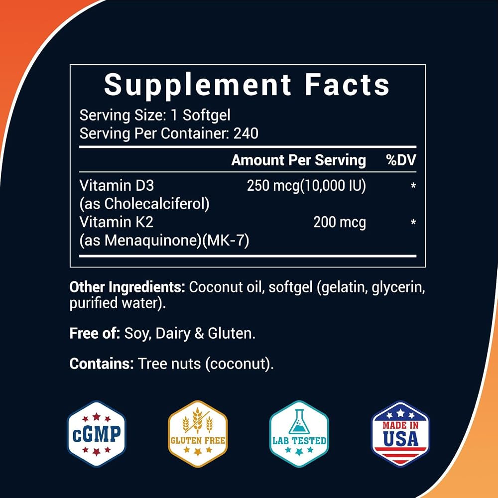 Luckycare D3 K2 Vitamin, 10000 IU Vitamin D3 + 200mcg Vitamin K2 MK-7