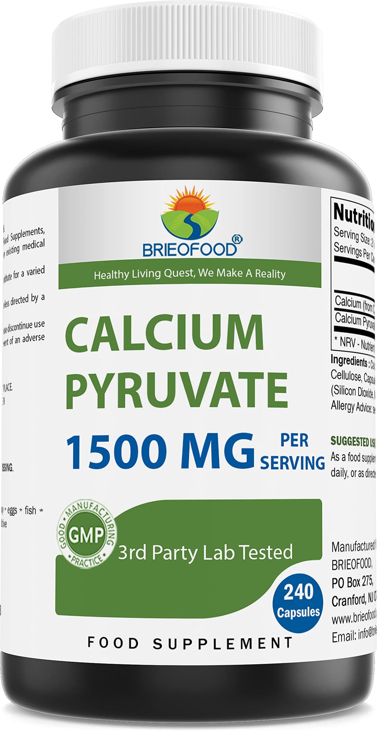 Brieofood Calcium Pyruvate 1500mg - 240 Vegetarian Capsules