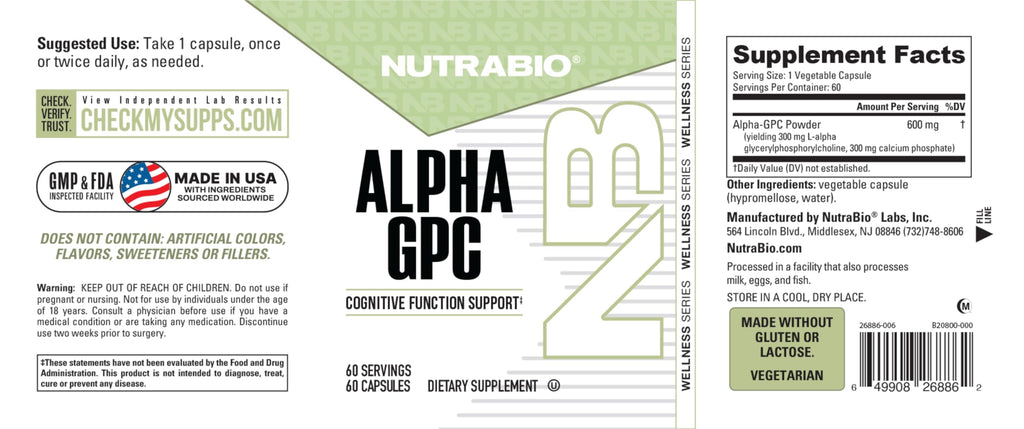 NutraBio Alpha GPC Brain Support 300mg - 60 Vegetable Capsules - image 7