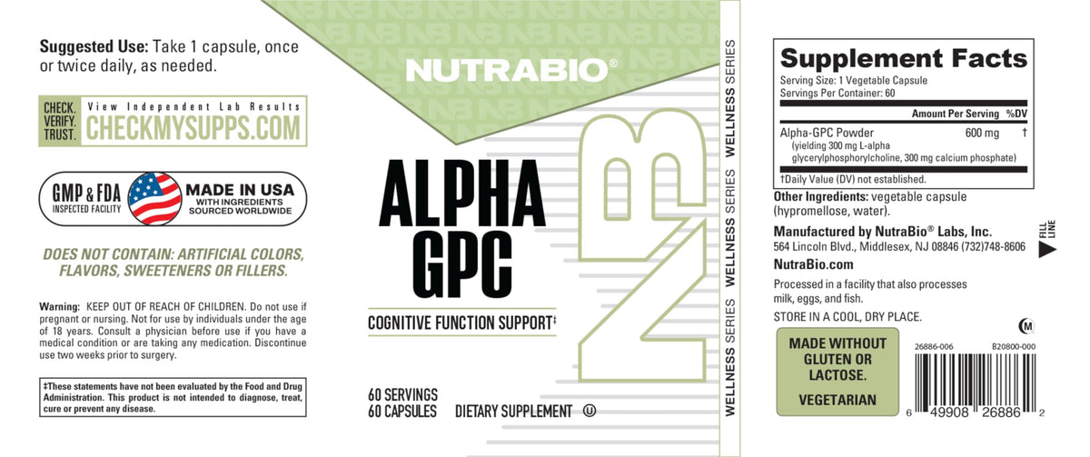 NutraBio Alpha GPC Brain Support 300mg - 60 Vegetable Capsules - image 7