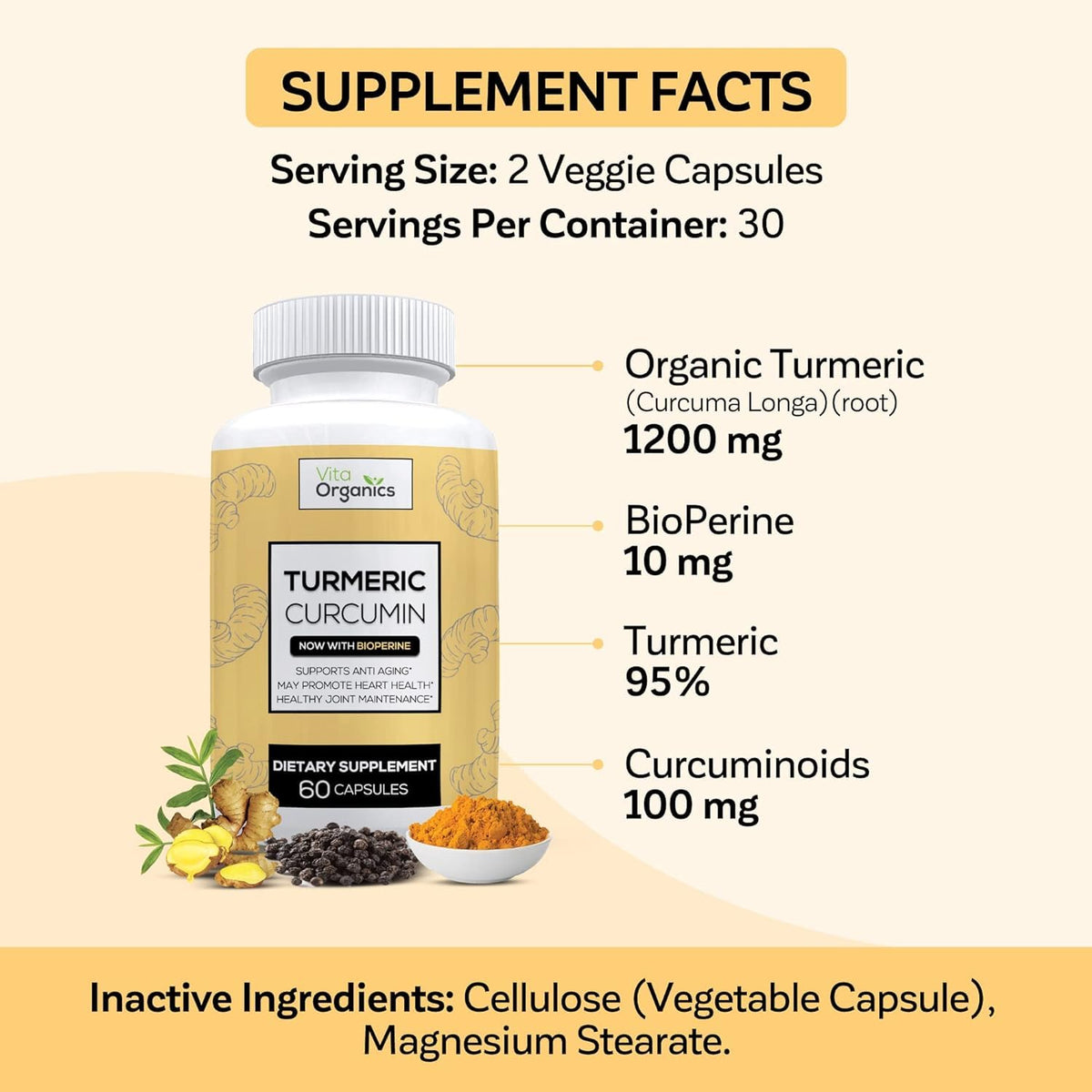 Vita Organics Turmeric Curcumin 1300mg Joint Support - 60 Capsules - image 6