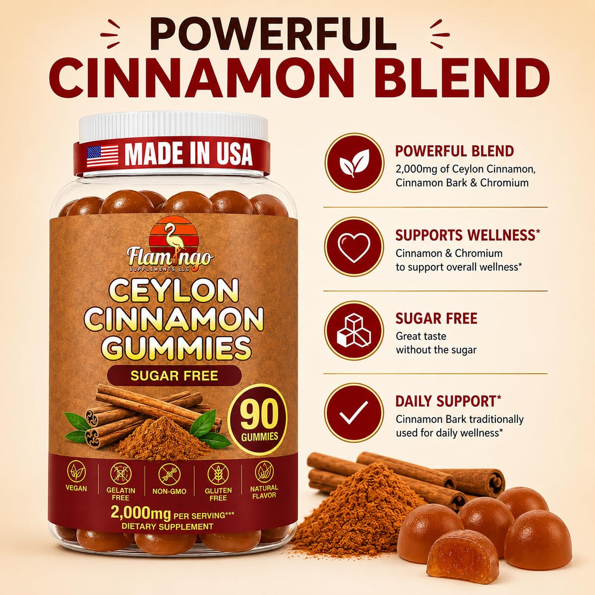 Flamingo Supplements Ceylon Cinnamon Gummies Sugar Regulation - 90 Chews - image 3