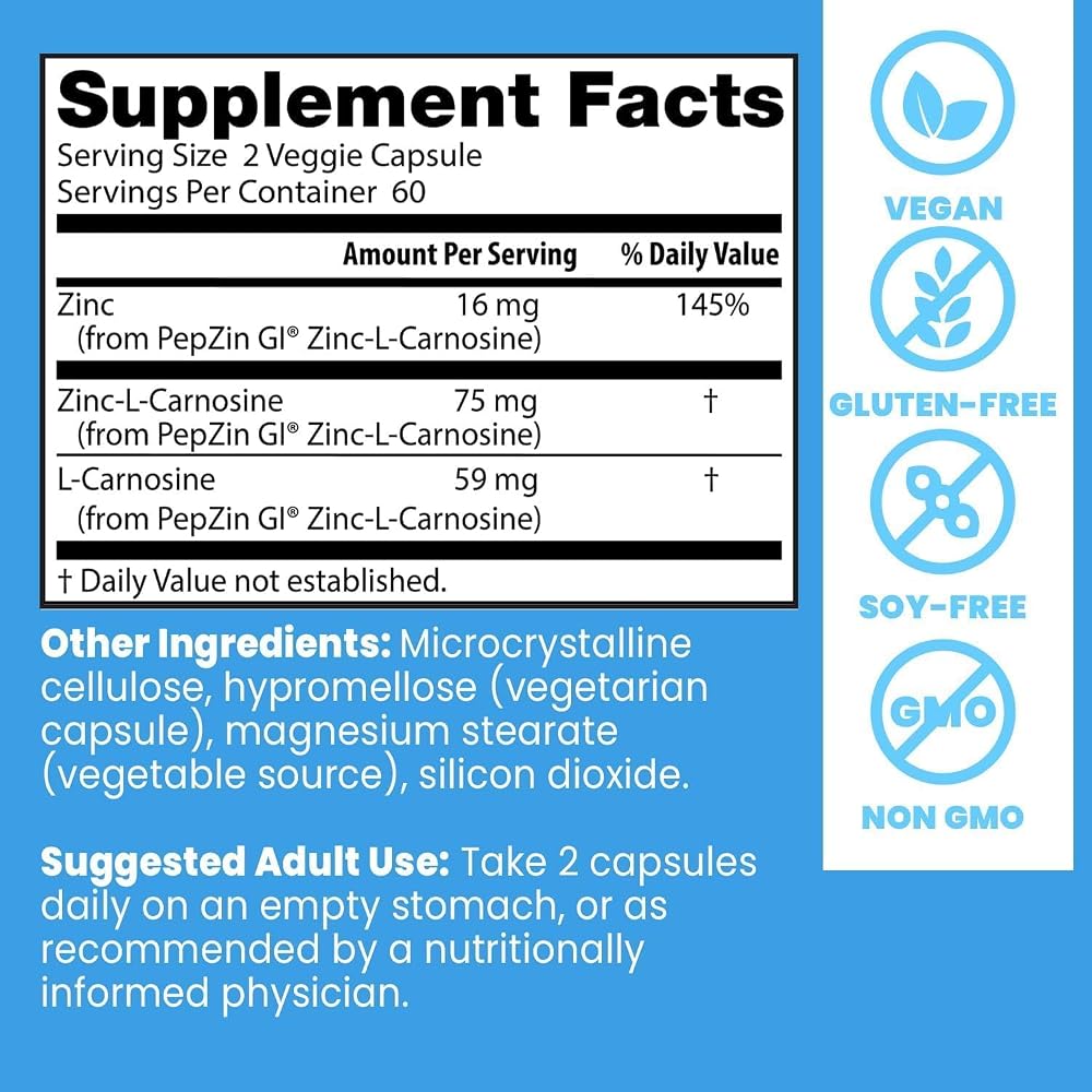Doctor's BEST PepZin GI Zinc-L-Carnosine Complex - 120 Veg Capsules - image 4
