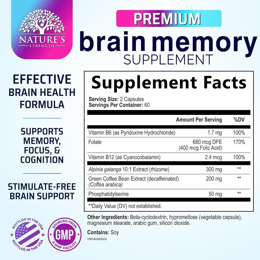 Nature's Strength Brain Memory Supplement Pills - 3X Strength