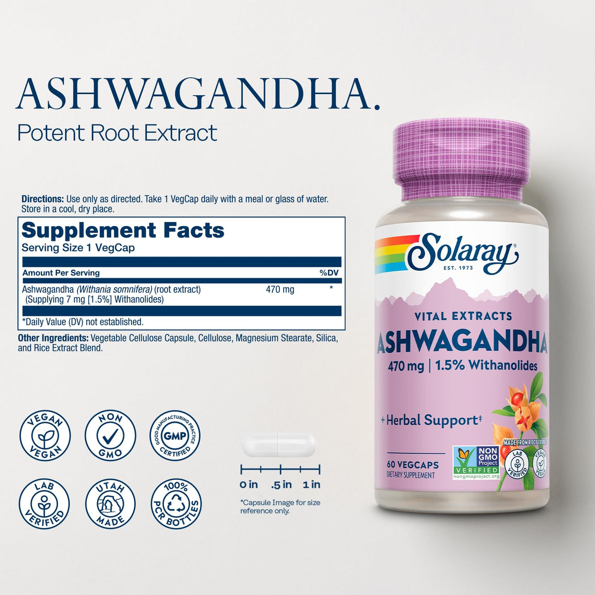 SOLARAY Vital Extracts Ashwagandha 470 mg - 60 Vegetarian Capsules - image 2