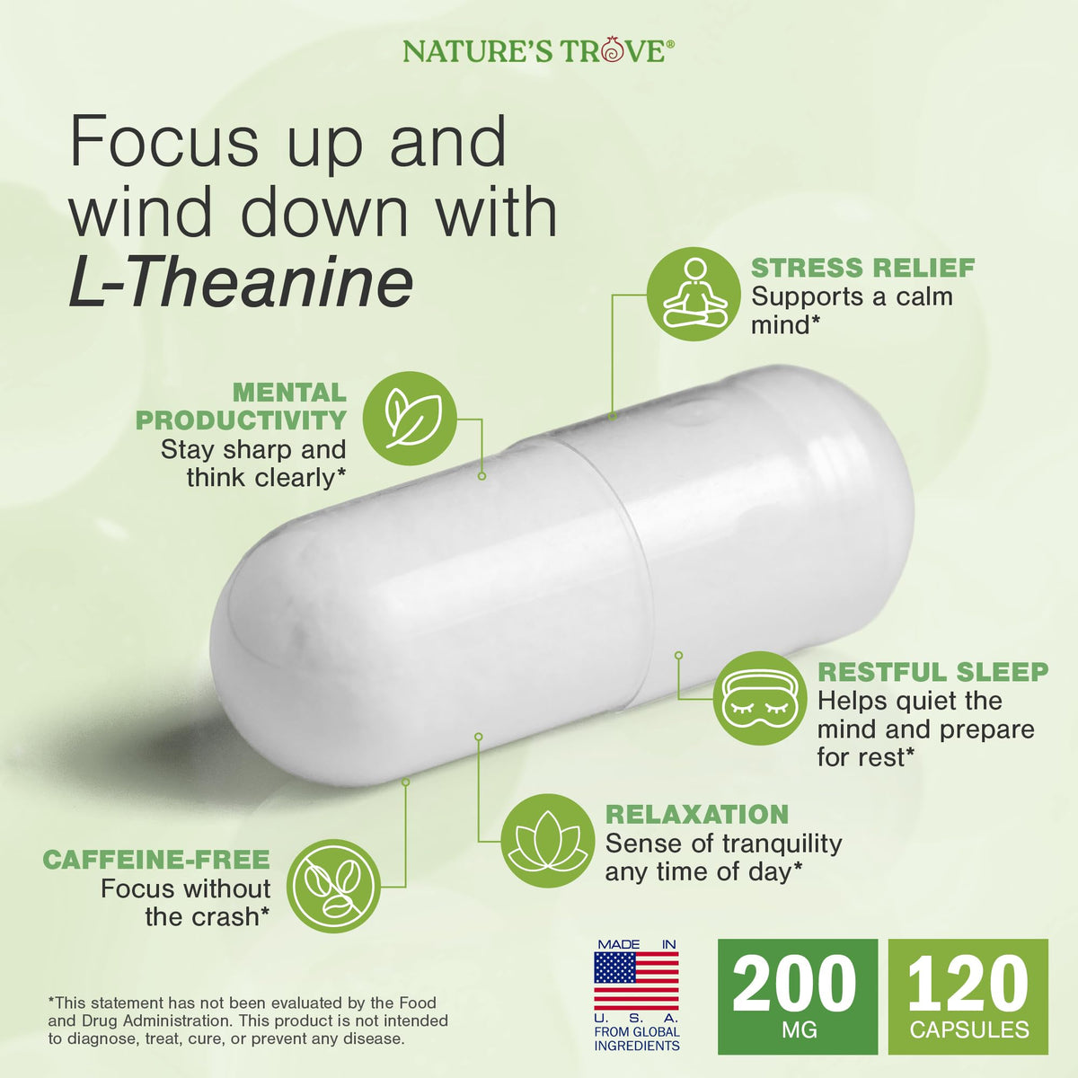 L-Theanine 200mg by Nature's Trove - Vegetarian Capsules