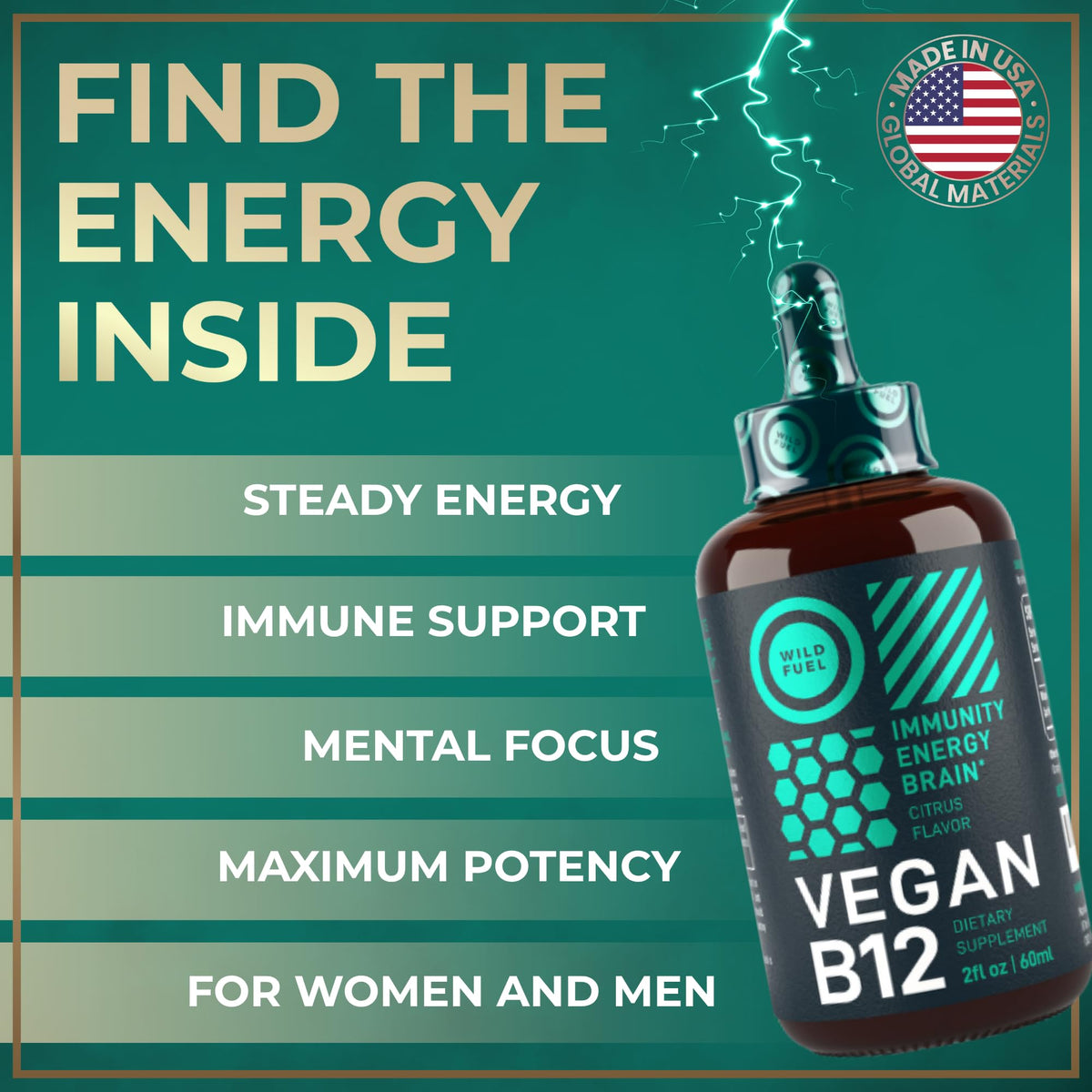 WILD FUEL Vegan Vitamin B12 Liquid Drops 5000 mcg - 2 Fl Oz - image 4