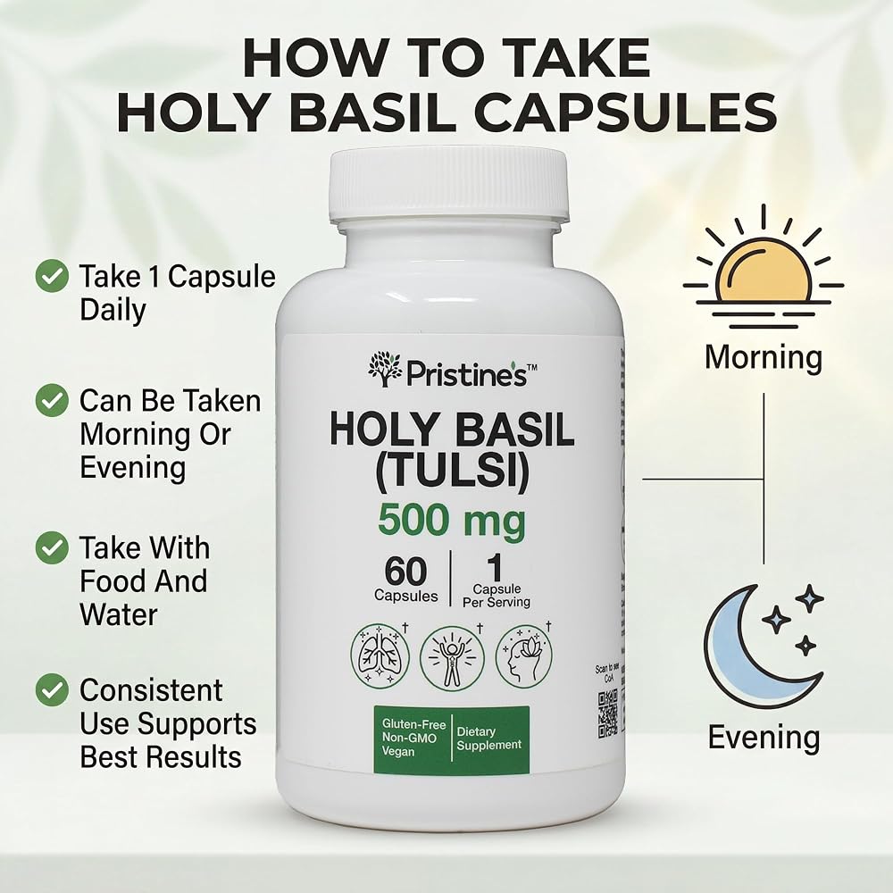 PRISTINE'S Holy Basil Tulsi 500mg Adaptogen Capsules - 60 Count - image 3