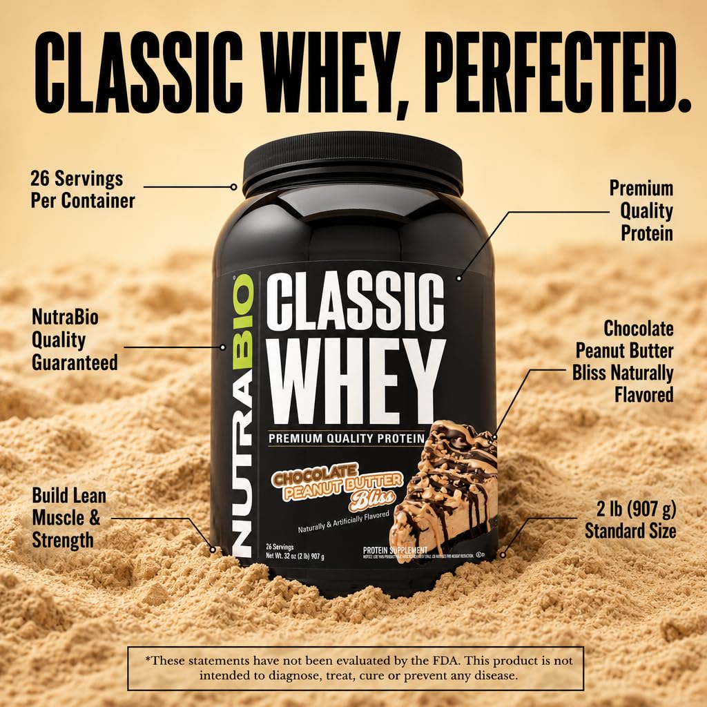 NutraBio Classic Whey Protein Powder Supplement - 25g of Protein Per