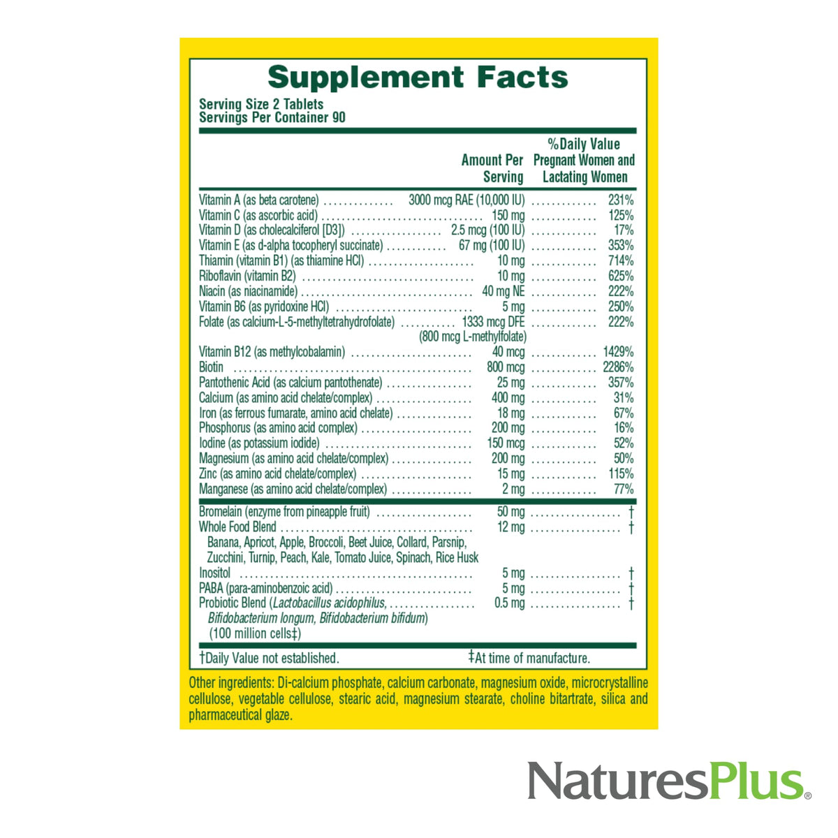 NaturesPlus Source of Life Prenatal - 800 mcg Folate - All Natural
