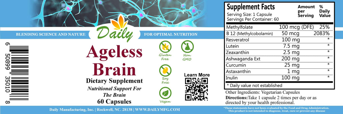Daily Manufacturing Ageless Brain Supplement - 60 Vegetarian Capsules - image 2