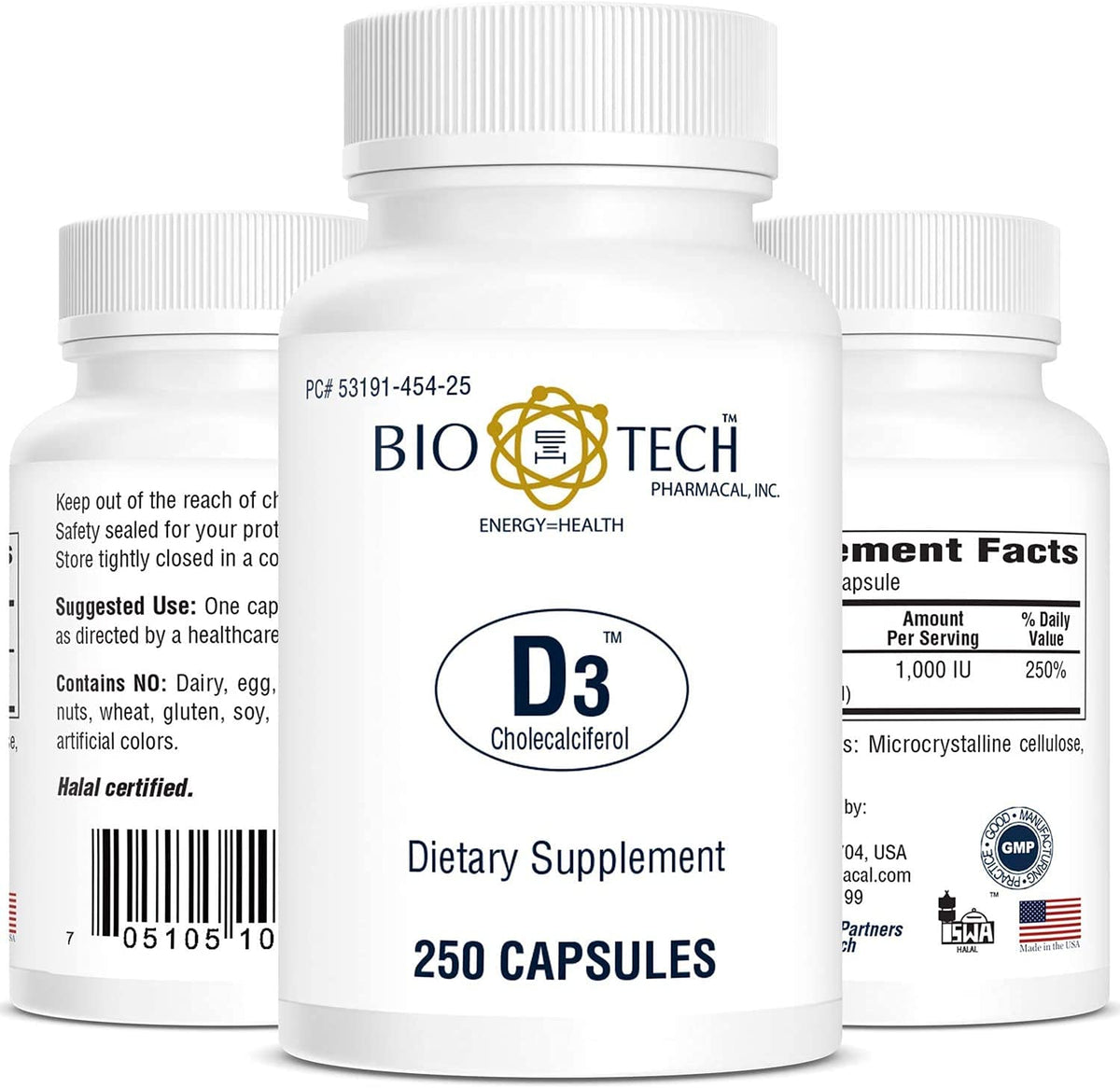 Bio-Tech Pharmacal D3 1000 IU Vitamin D3 - 250 Capsules - image 2