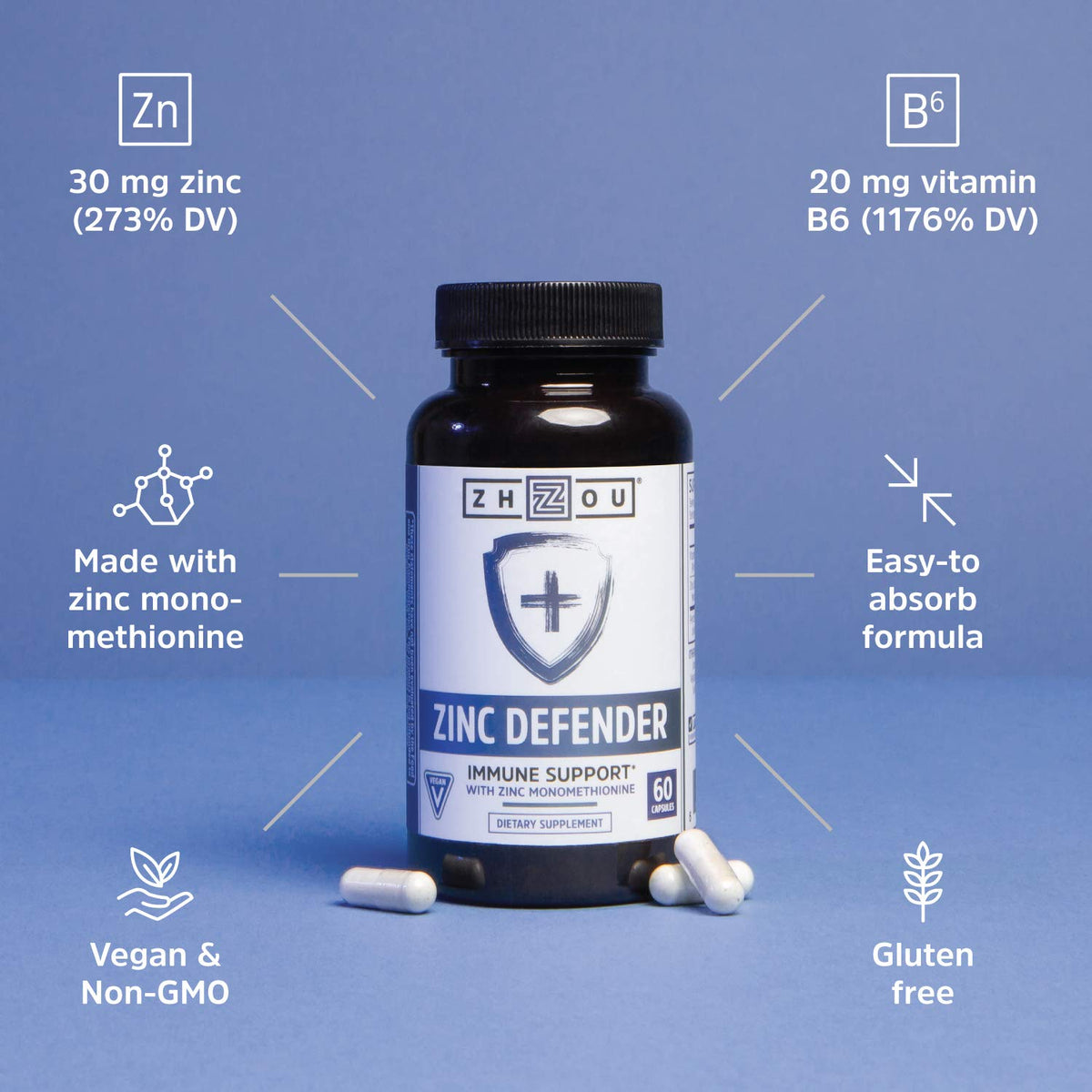 ZHOU Zinc Defender Zinc Supplement with Vitamin B6 - 60 Capsules - image 3