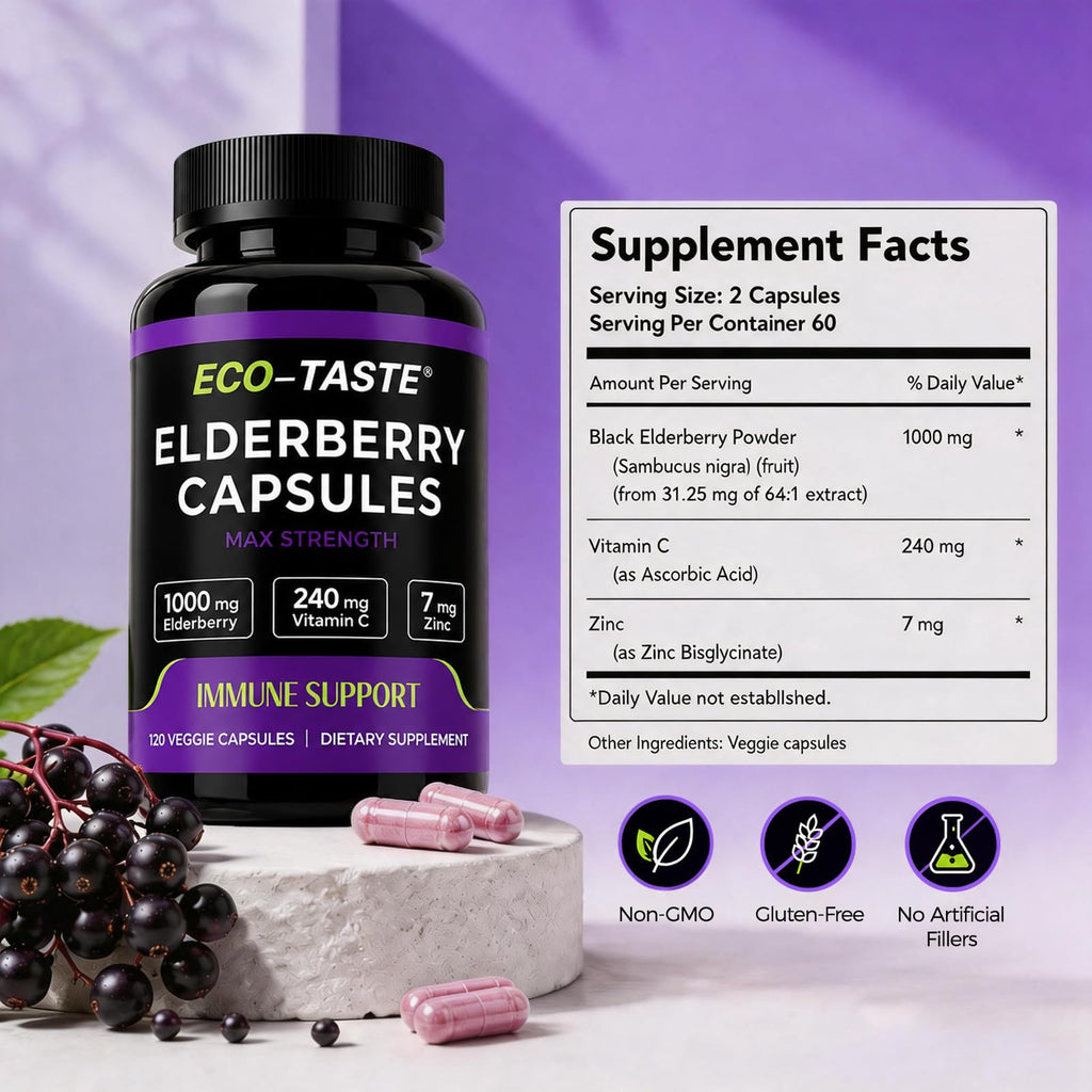 ECO-TASTE Black Elderberry Capsules with Zinc & Vitamin C - 120 Count - image 3